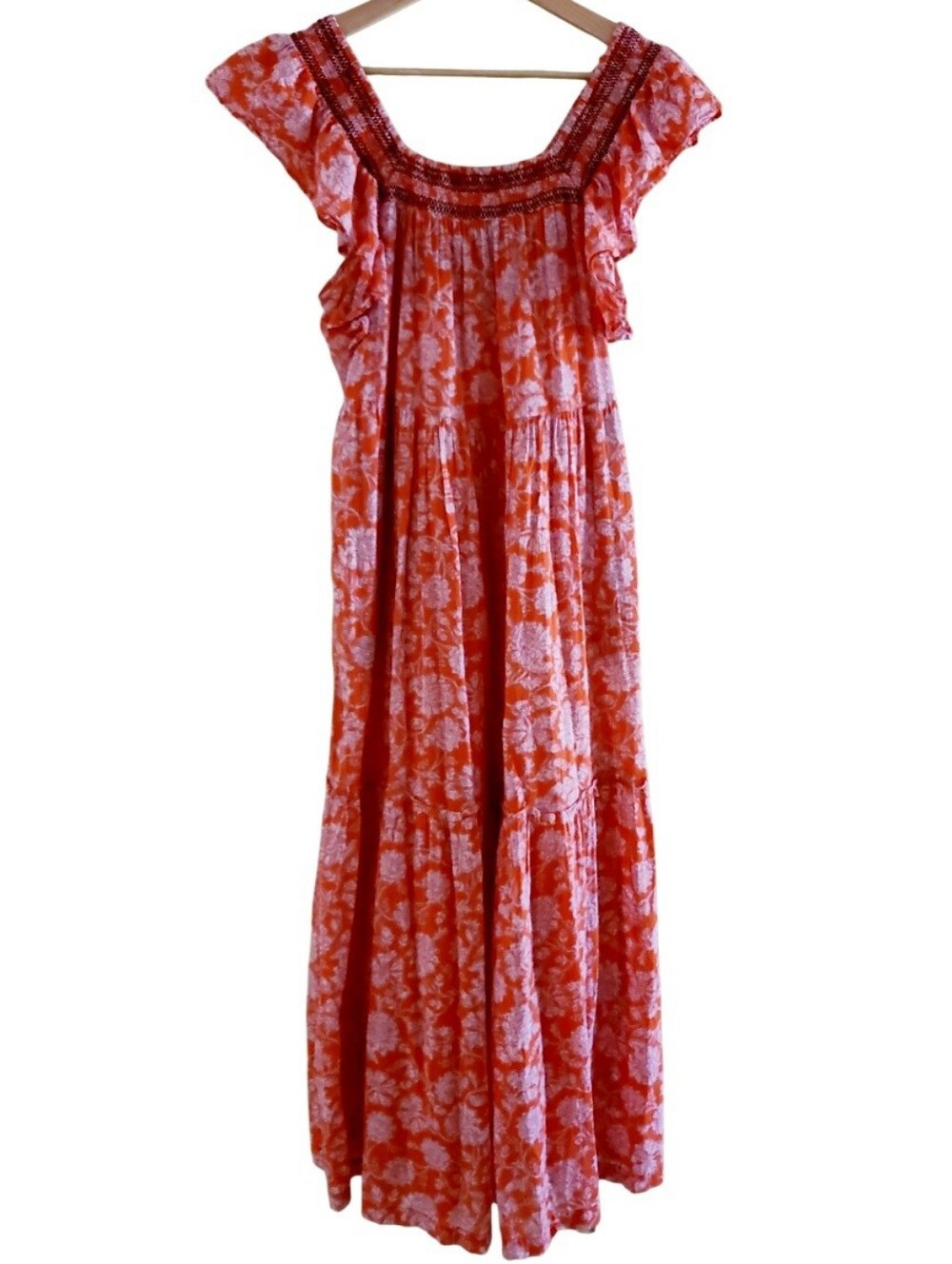 Free People Bonita Printed Midi Dress Coral Floral 100% Cotton Pockets Bohemian - Picture 3 of 17